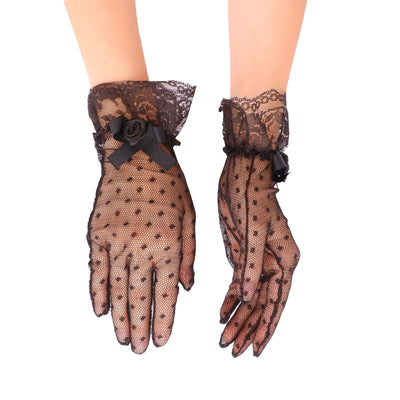 Rose Detailed Ribbon Bridal Gloves Polka Dot Tulle Bridal Gloves Women's Costume Gloves