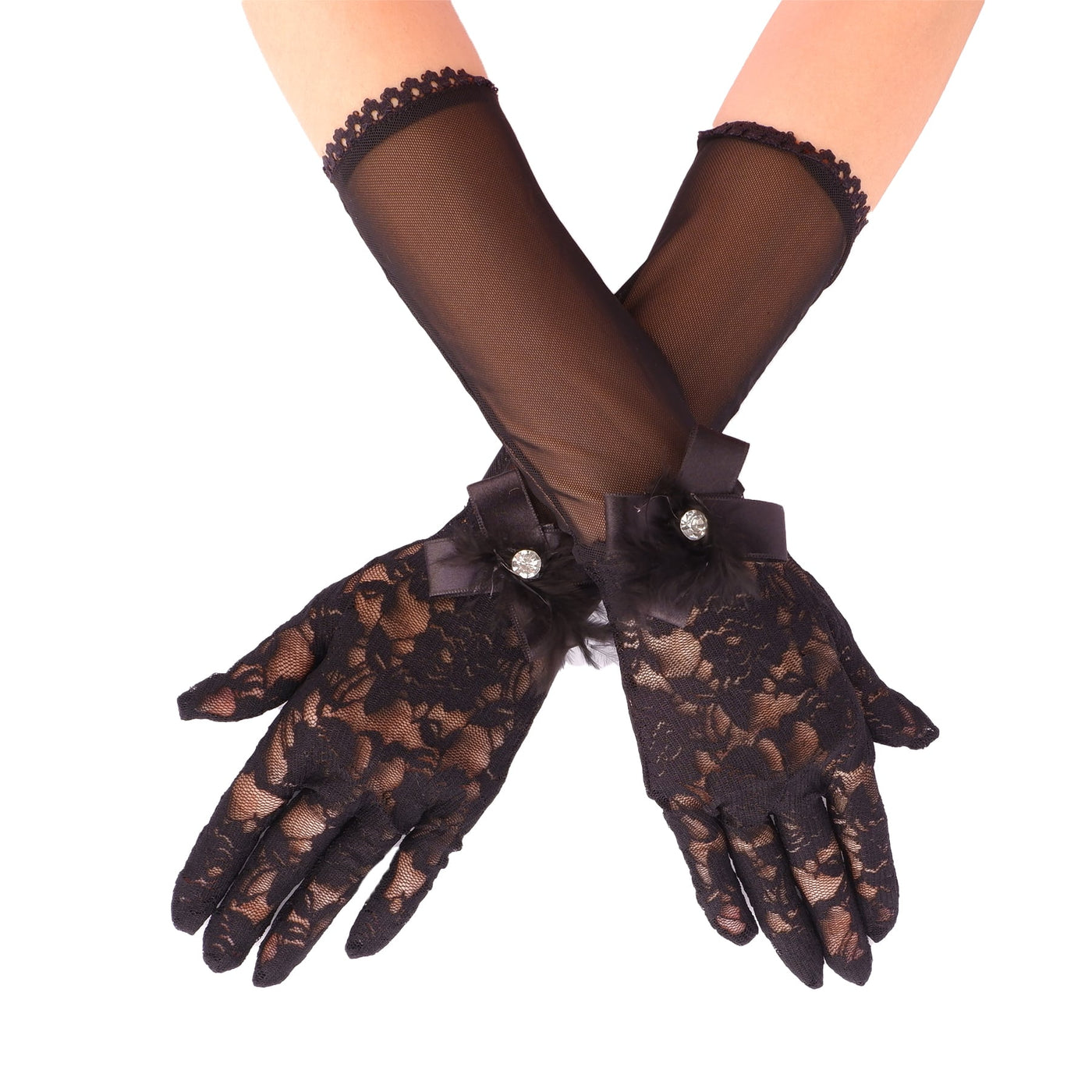 Feathered Ribbon Lace Bridal Gloves Long Model Tulle Gloves for Henna Night Gloves for Women