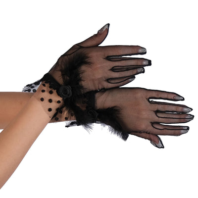 Feather Detailed Bridal Wedding Gloves Polka Dot and Rose Embroidered Bridal Costume Gloves