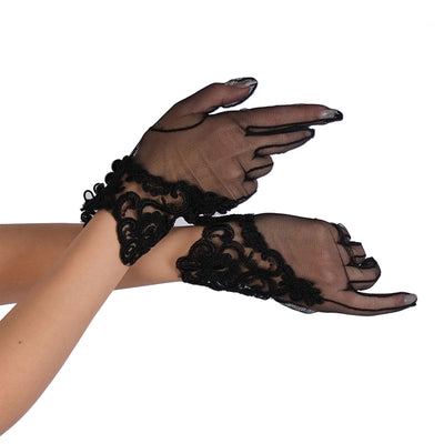 Lace Embroidered Buttoned Bridal Wedding Gloves Tulle Bridal Gloves Henna Night Tulle Gloves Black