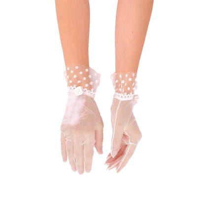 Feather Detailed Bridal Wedding Gloves Polka Dot and Rose Embroidered Bridal Costume Gloves