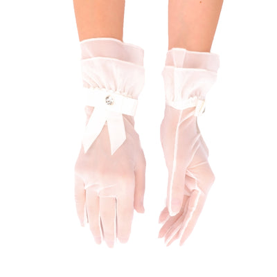 Tulle Bridal Gloves with Ribbons Ankle Length Tulle Wedding Gloves for Women