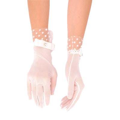 Polka Dot Bridal Gloves Ribbon Detailed Wedding Costume Gloves Women's Henna Night Gloves