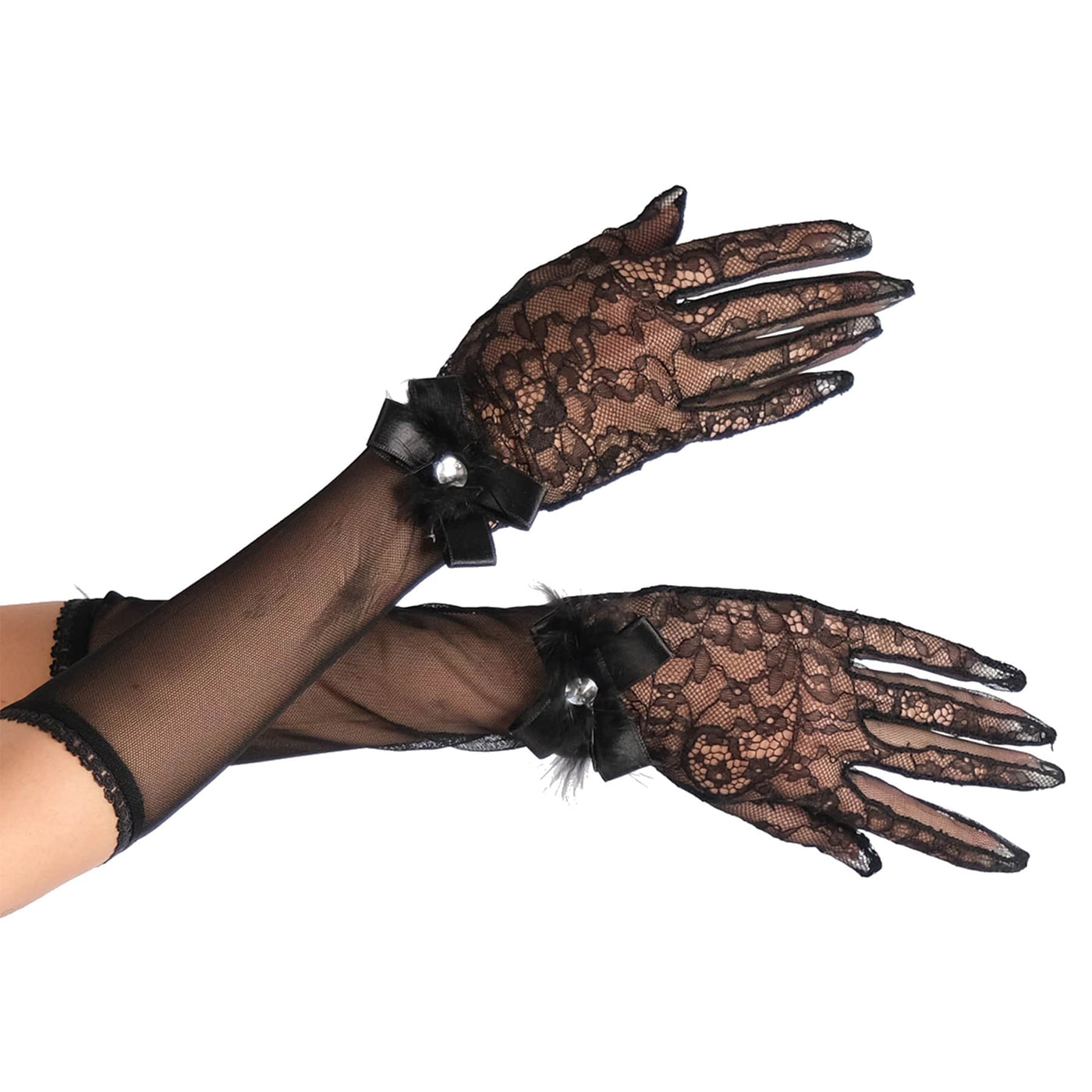 Feathered Ribbon Lace Bridal Gloves Long Model Tulle Gloves for Henna Night Gloves for Women