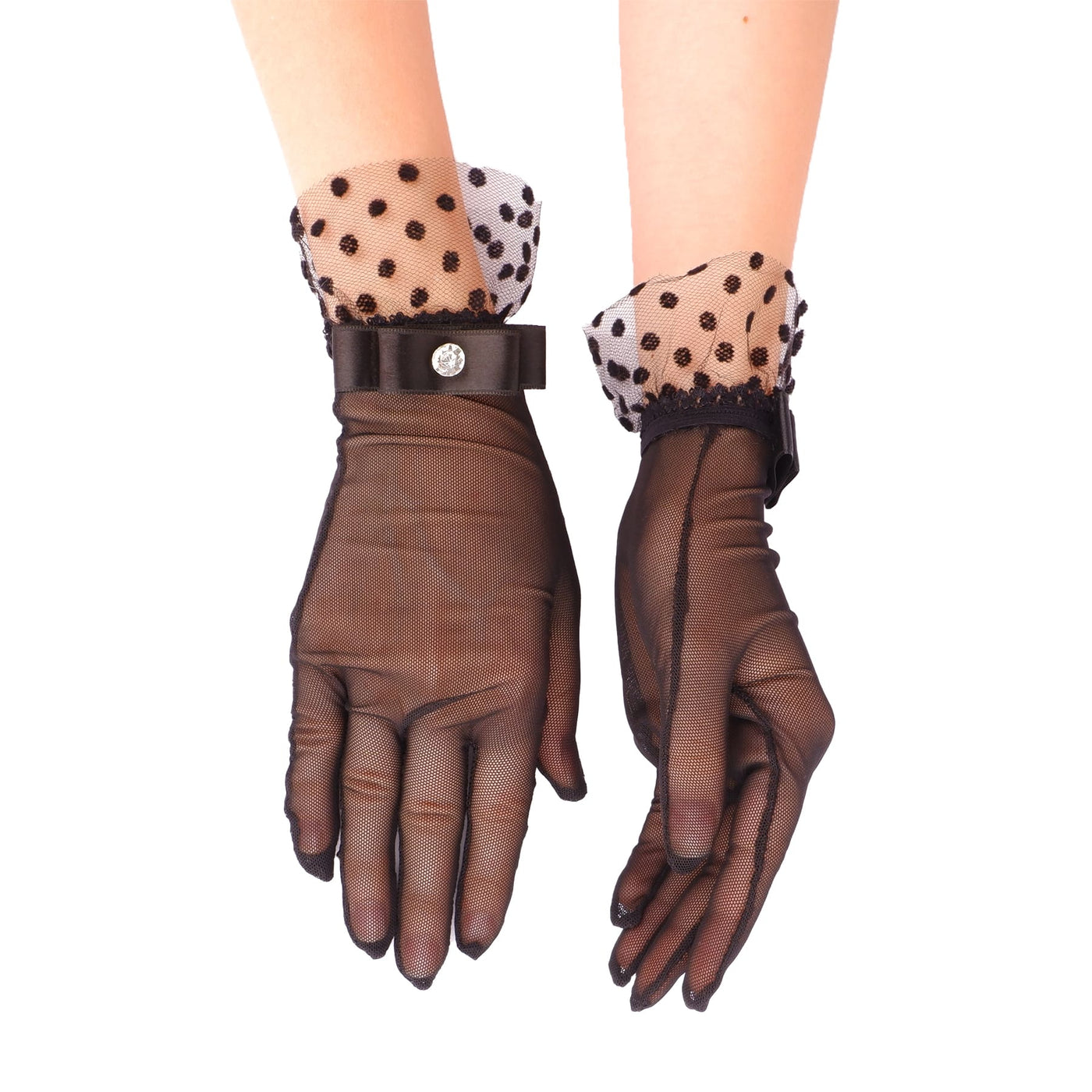 Polka Dot Bridal Gloves Ribbon Detailed Wedding Costume Gloves Women's Henna Night Gloves