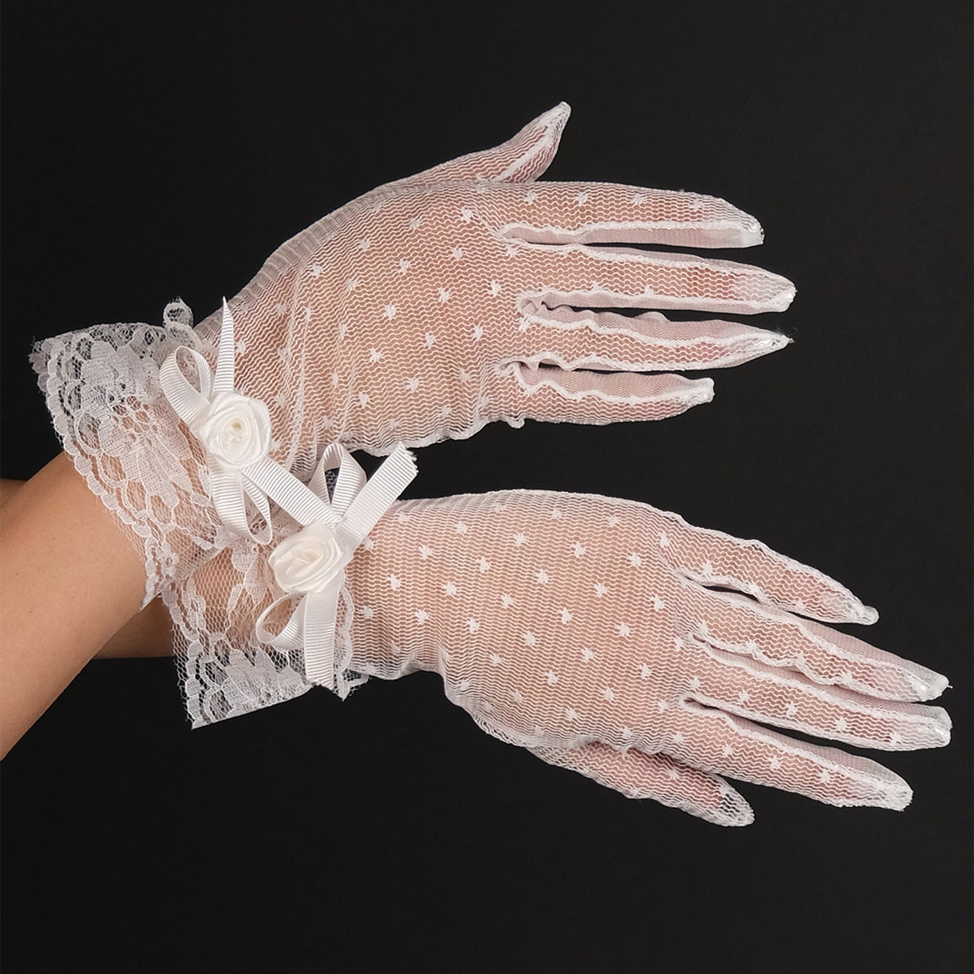 Rose Detailed Ribbon Bridal Gloves Polka Dot Tulle Bridal Gloves Women's Costume Gloves