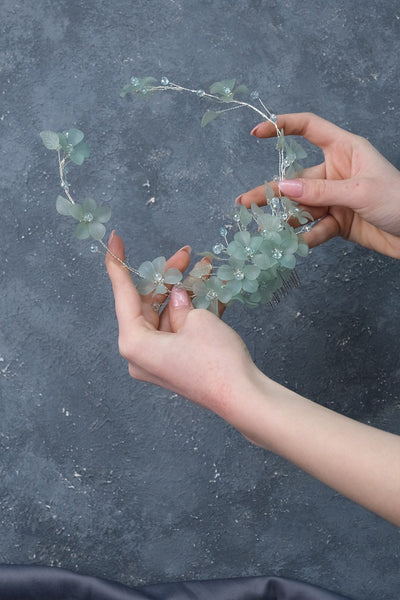 Water Green Mila Flower Branch Motif Bridal Henna Crown